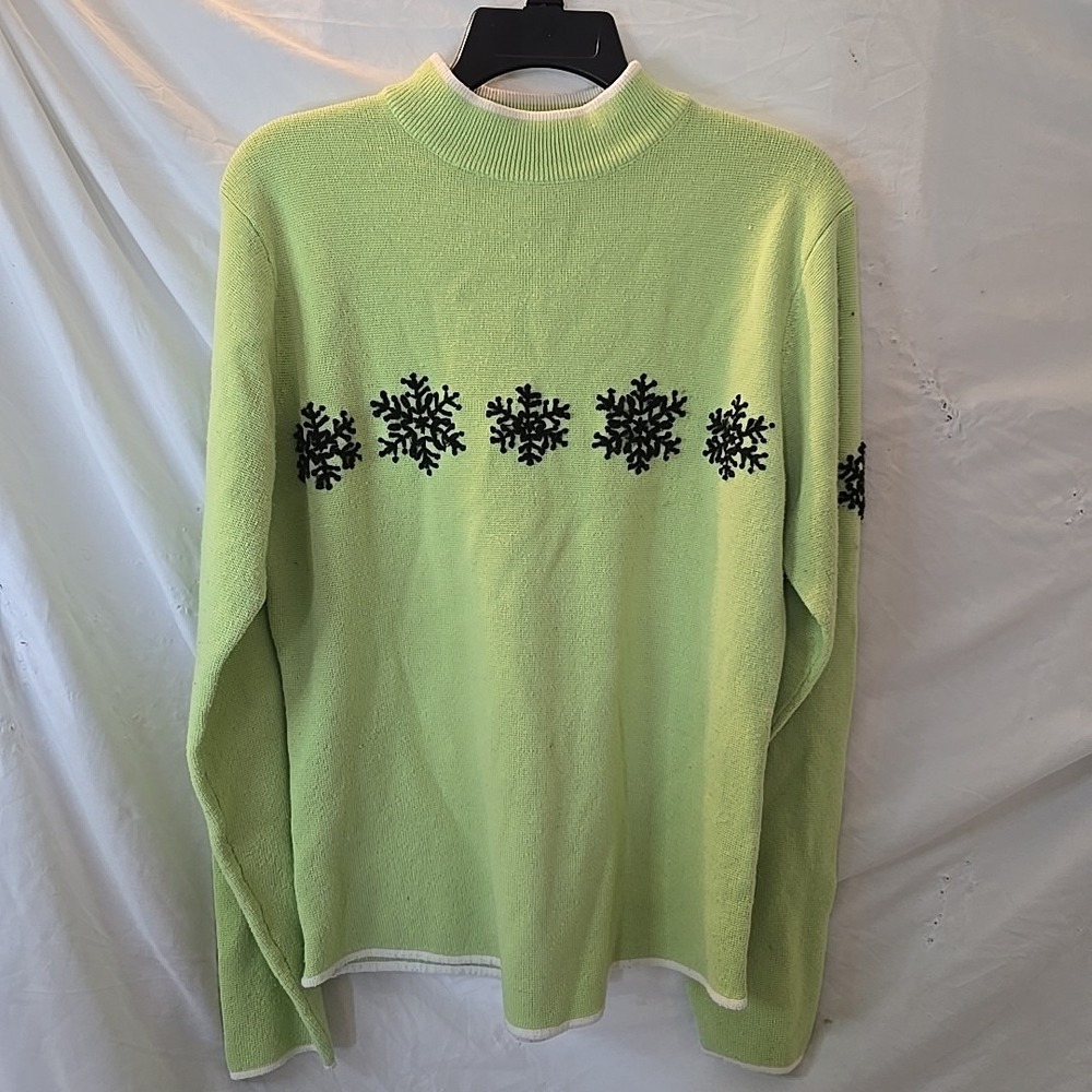 Obermeyer Signature Limeβ Green Wool Blend Mock Neck Sweater W/Snowflakes Ski XL